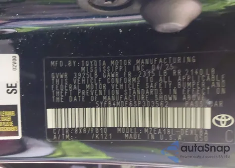 2025 Toyota Corolla Le z USA, uszkodzony, nr VIN 5YFB4MDE6SP303562